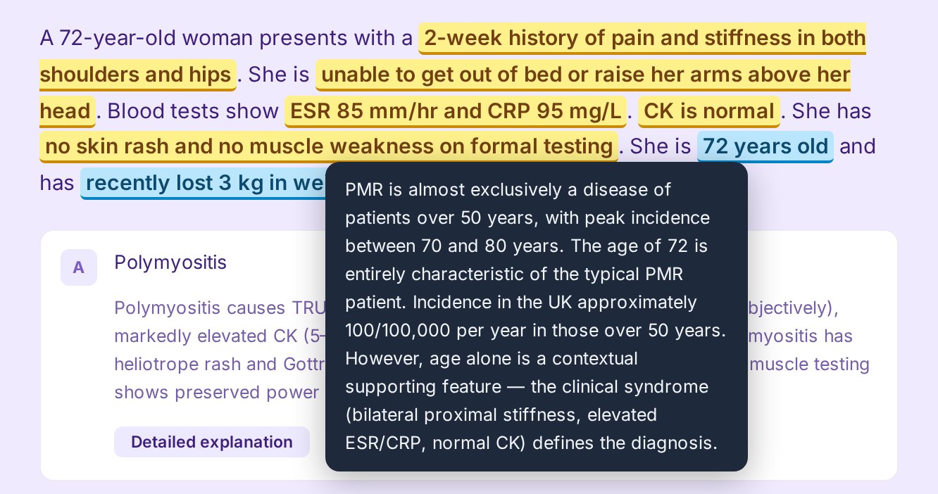 A question stem with the diagnostic clues highlighted in yellow and distractors in blue; hovering a highlighted phrase shows a note explaining why it matters.