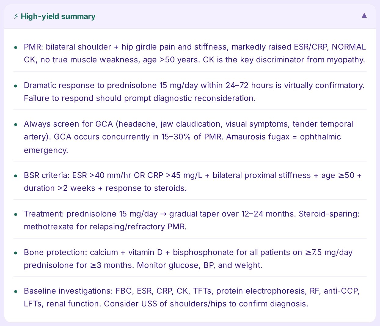 An expanded high-yield summary listing the key facts to remember about polymyalgia rheumatica, as concise bullet points.